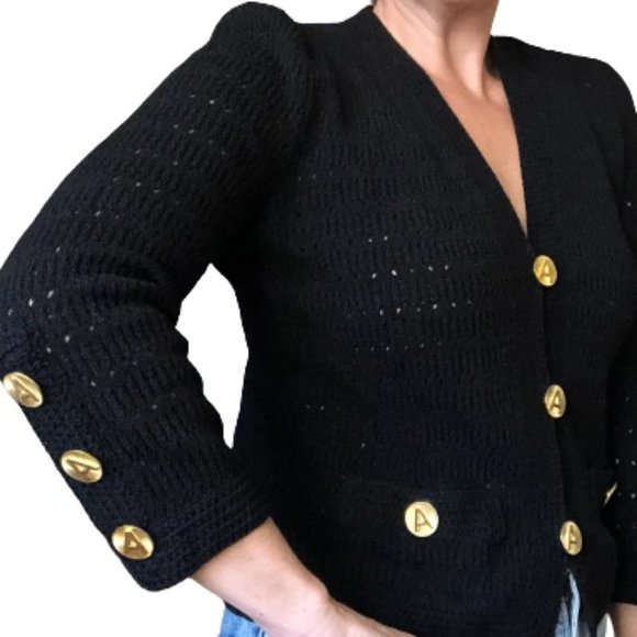 Vtg 70s ADOLFO New York Gold A Button Pointelle Knit ILGWU USA Cardigan Blazer - Picture 7 of 16